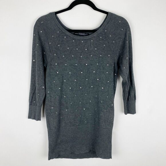 WHITE HOUSE BLACK MARKET Gray Round Neck Crystal‎ Stud 3/4 Sleeve Sweater Size M - Picture 1 of 4